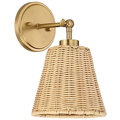 Lampression 1-Light Brass Wall Lamp With Adjustable Swing Arm, Natural Rattan Wall Sconce Light For Bedroom Living Room Kitchen #TOP5
