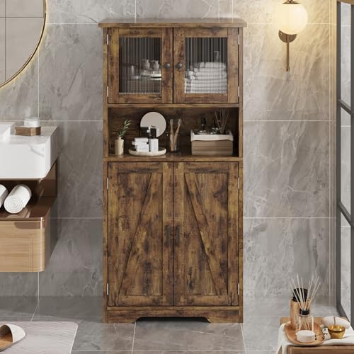 GarveeHome 54in Tall Bathroom Cabinet, Farmhouse Storage Cabinet with Glass Doors and Adjustable Shelves, Freestanding Kitchen Pantry Cabinets, Cupboard for Living Room, Dining Room, Rustic Brown