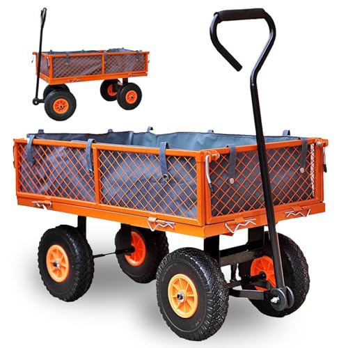 FUXTEC Carretilla de jardín FX-GW350 con Paredes Laterales abatibles para Cierre rápido, Carga máxima de 150 kg, neumáticos XXL, Lona Interior de poliéster práctica y manejable.