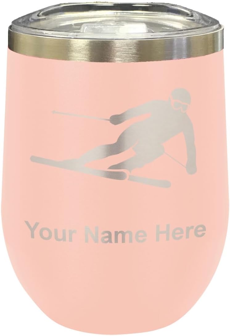 LaserGram 16oz Double Wall Stainless Steel Wine Glass Tumbler, Skier Downhill, Personalized Engraving Included (Black)