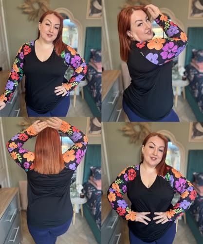 Image of TIYOMI Plus Size Tops for Women Raglan Long Sleeve V Neck T Shirts Casual Color Block Leopard /Floral Tops Winter Tee Shirt