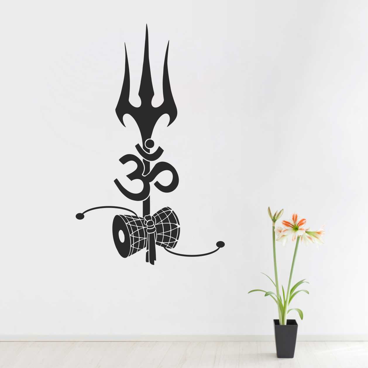 Wall Attraction Black Colored Spiritual Religious Om with Shiv Damroo Hindu Matte Finish PVC Vinyl Wall Stickers/Wallpaper for Living Room, Bedroom, Office (Size - 35cm X 55cm)