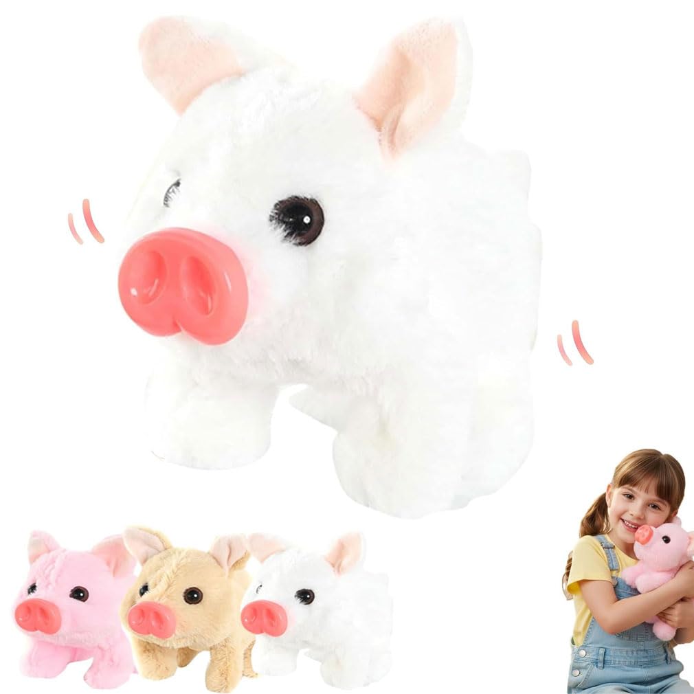 Electric Pig Plush Realistic Toy, Lifelike Animated Walking Pig Plush Toy with Sound and Motion, Pigs Oink Twitch Nose Wag Tail Animated, Cute Funny Plush Stuffed Pigs Electronic Pet for Kids (White)
