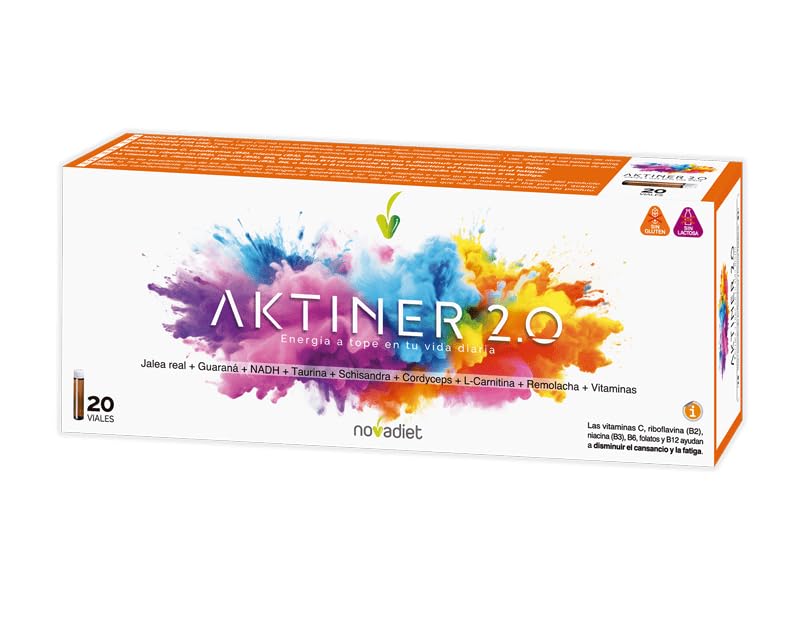 Novadiet - AKTINER 2.0 con Jalea Real, Guaraná, Taurina, Cordyceps, L-Carnitina, Vitaminas C, B2, B3, B6 y B12 - Complemento Alimenticio Para la Energía y Vitalidad - 20 Viales de 10 ml