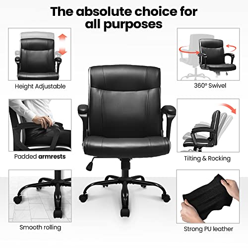 Neo Chair Ergonomic Office Chair Desk Chair Mid Back Executive Pu Leather Adjustable Computer Desk Gaming Chair Comfortable Padded Arm Lumbar Support Rolling Swivel With Wheels (Black) #TOP3