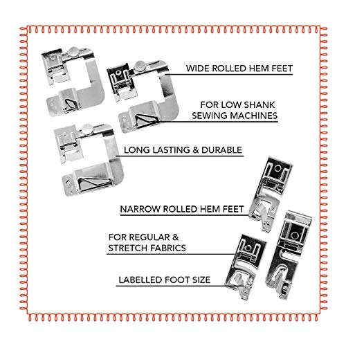 Image of Rolled Hem Presser Foot [6 Sizes] Wide Rolled Hem Foot Set & Narrow Foot Hemmer Set For Brother, Singer & Janome Low Shank Sewing Machines. Hemming Pressure Feet With Distinctive Wide and Narrow Sizes