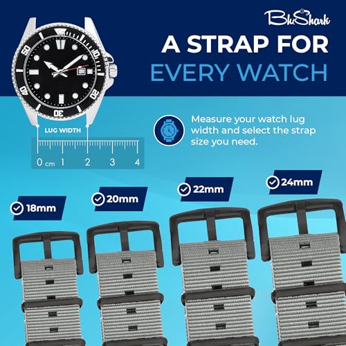 Image of BluShark - Original Collection Military-Style Waterproof Watch Strap, Fits All Timepiece Brands, Durable Nylon Wristwatch Accessories with Stainless Steel Buckle - 18mm, 20mm, 22mm & 24mm Watch Bands