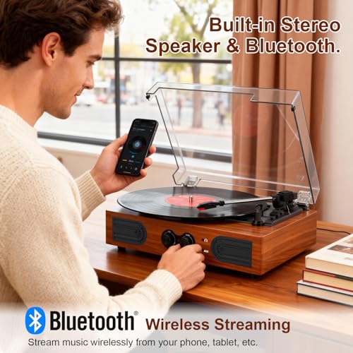 Image of Vinyl Record Player with Built-in Stereo Speakers, 3-Speed Belt-Drive Turntable, Treble & Bass Control, RCA-Out /AUX-in, Headphone Jack Vintage LP Player, Red Wood
