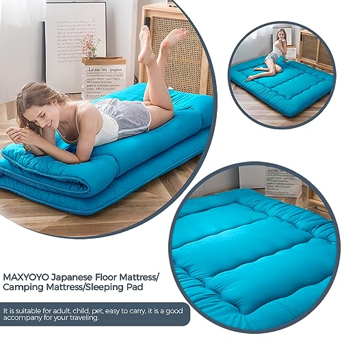 Image of MAXYOYO Japanese Floor Mattress Futon Mattress, Thicken Tatami Mat Sleeping Pad Foldable Roll Up Mattress Boys Girls Dormitory Mattress Pad Kids Floor Lounger Couches and Sofas, Turquoise, King