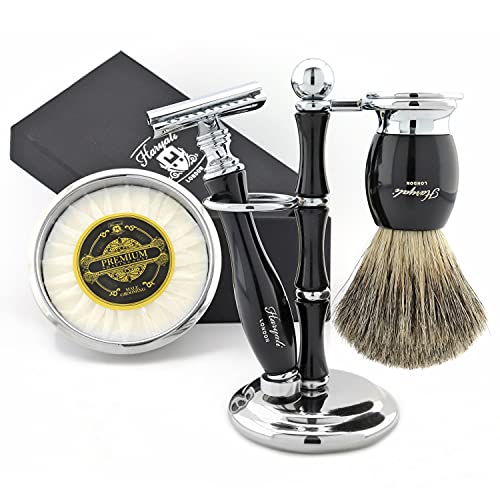 Kit de afeitado clásico de doble filo con brocha de afeitar de tejón, tazón de jabón y soporte para maquinillas de afeitar - Kit de afeitar para hombres Cover