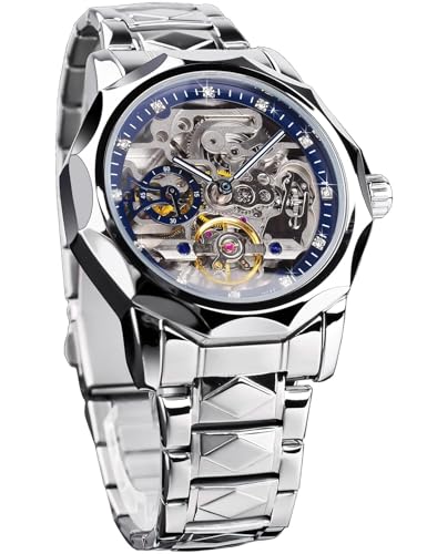 FORSINING Men's Skeleton Automatic Mechanical Watch with Diamond-Cut 12-Sided Bezel & Exposed Gears & Tourbillon Design, Unique Rhombus-Link Stainless Steel Bracelet Self-Wind Wristwatch, Silver Blue