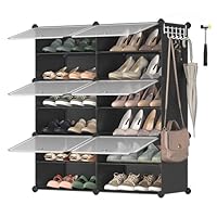 SONGMICS Interlocking Shoe Rack, Plastic Shoe Storage Cabinet, 6-Slot Modular Storage Organiser Unit, 30 x 40 x 30 cm for Each Slot, with Doors, Steel Frame, Plastic Panels, Black LPC033B01
