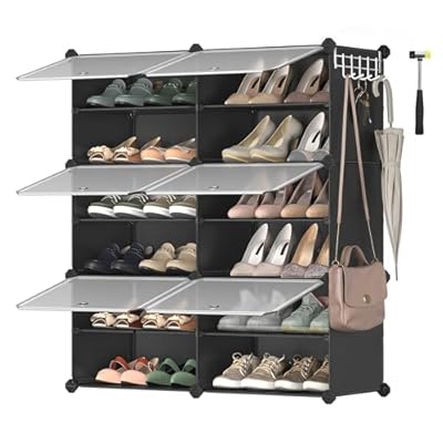 SONGMICS Mueble Zapatero Plástico  6 Compartimentos para 24 Pares de Zapatos  con Puertas  Estructura de Acero y Estantes de Plástico  Armario para Dormitorio  Negro Tinta y Transparente LPC033B01