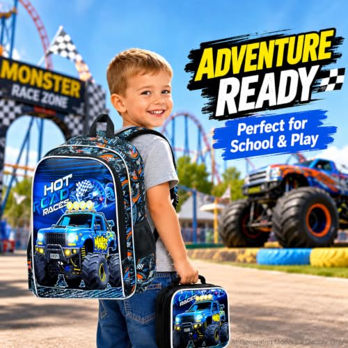 Image of WZLVO 3PCS Boys Truck Bookbag Set, 16 inch Cool UV Printing Kids Backpack /School Bag with Lunch Box & Pencil Bag for Preschool to Elementary - Blue Truck
