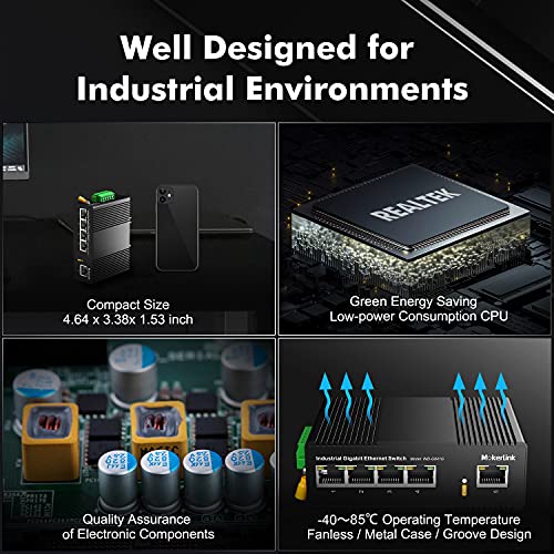 Mokerlink 5 Port Gigabit Industrial Din-Rail Ethernet Switch, 14Gbps Switching Capacity, Ip40 Rated Network Switch (-40 To 185°F), With Ul Power Supply #TOP3