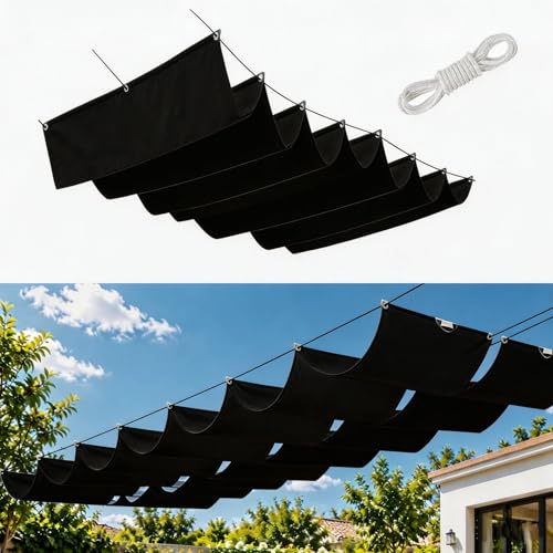 Toldo vela de sombra retráctil para terraza ondulado ajustable y cortaviento negro 2