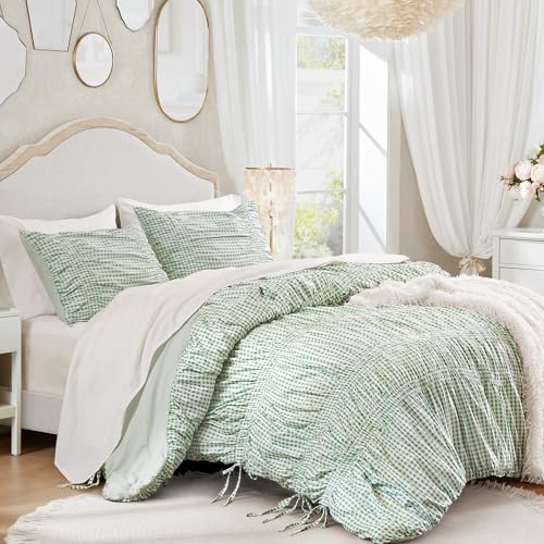 Image of Intelligent Design Ruched Shabby Chic Green Queen Comforter Set, 3pc | Girls Bedding Set, French Country, All Season Down Alternative, Cozy, Machine Washable, Lightweight, Breathable