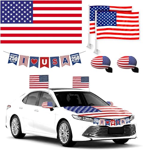 4th of July Car Decorations Kit for Parade - Patriotic American Flag Car Hood & Rearview Mirror Covers USA 250th Anniversary Banner Window Clip Flag Memorial Day Independence Day Vehicle Decor (Fits Car SUV Truck)