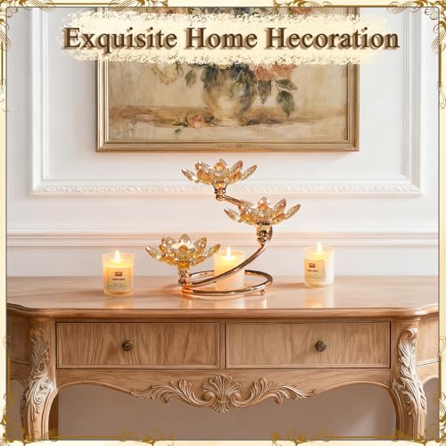 Kehail Gold クリスタルフラワー型キャンドルホルダー2個セット、3アームメタル奉納ティーライトキャンドルスティック テーブルセンターピース、ホームウェディングパーティー、記念日の装飾用 [2]