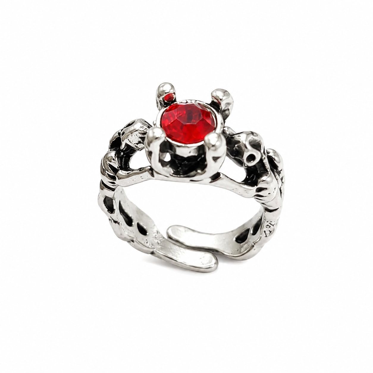modeva "elevate your essence" Gothic Skull Crown Ring, Silver, Red Crystal Stone, Adjustable Open Finger, Vintage Punk Statement Style, Unisex-picture-11