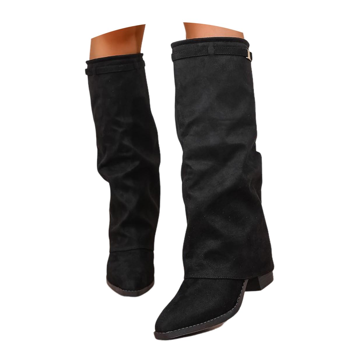 Fold Over Stivali Donna Invernali Cowboy Stivaletti con Tacco