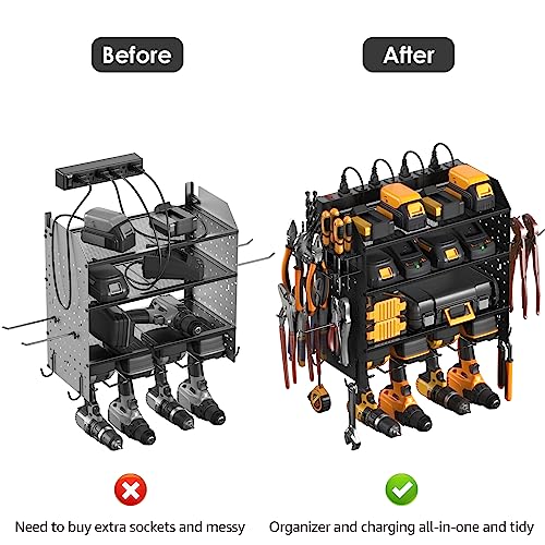 CCCEI Modular Pegboard Rack Power Tool Organizer with Charging Station. 4 Layer Wall Mount Drill Holder, Mechanic Tool Battery Charger Organizer. Garage Shop Storage Utility Shelf with Power Strip. - Image 5