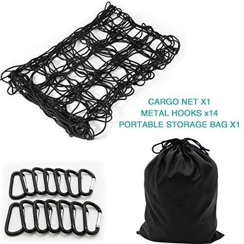 4x6ft Bungee Cargo Net for Pickup Trucks, 5mm 4”X4” Mesh Super Duty Stretches to 8x12ft Elasticated Mesh Net with 14Pcs D Clip Carabiners for Pickup Trucks SUV Beds Trailers