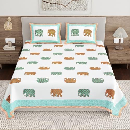 Image of Living Roots Ethnic Jaipur Block Print Double Cotton Bedsheet & 2 Pillow Covers, for Mattress Upto 6 inches Thick, No Colour Bleeding, Green Colour, King Size 90 * 108 inches, 120TC (615-C)