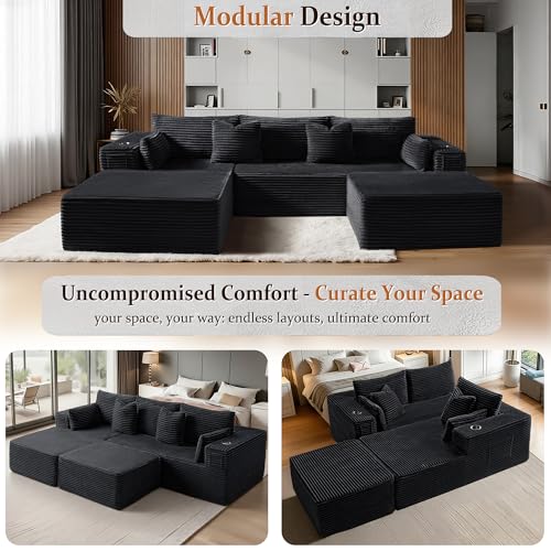Image of 108 inch Cloud Sectional Couch, Comfort U Shaped Boneless Couch for Living Room, Extra Deep Seats No Assembly, Minimalist Modular Sofa, Corduroy (Black, 2 Seater + Right Facing Chaise + Ottoman)