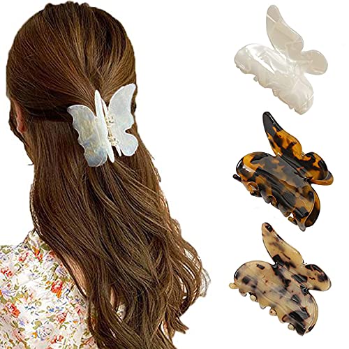 NNEWSP Butterfly Hair Clips, Acrylic Hair Claw Clips, Hairpins Thick Hair, French Design Leopard Print Hair Clips for Women Lady Girls (3PCS)