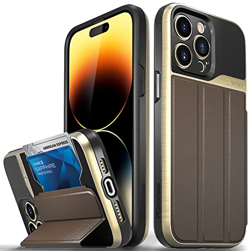 Vena Vcommute Wallet Case Compatible With Apple Iphone 14 Pro Max (6.7"-Inch), (Military Grade Drop Protection) Flip Leather Cover Card Slot Holder With Kickstand - Gold/Brown #TOP29