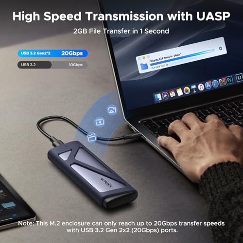 UGREEN 20Gbps M.2 NVMe SATA SSD Enclosure, 8TB USB C External NVMe M.2 Enclosure Compatible with USB 3.2 Gen2*2 Support UASP Trim for M/B+M Key SSD in Size of 2230/2242/2260/2280 - Image 3