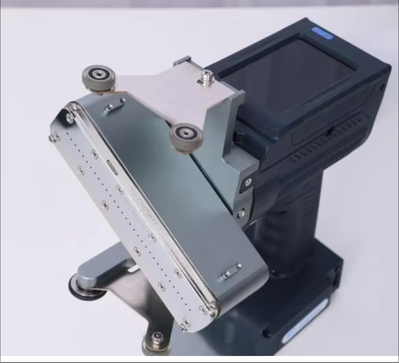 Close-up view of the ReliPrint U160Pro Handheld Inkjet Printer with a roller guide attachment