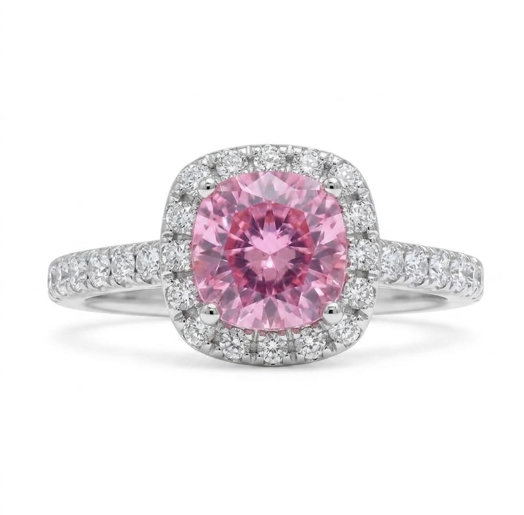 black sugar Black Suagr Pink Round Cut Halo Engagement Ring, Silver-Tone Band, Cushion Halo with Pavé Accents-picture-19