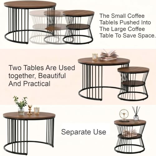 Image of MELVON Lightweight Nesting Coffee Table Set of 2, Black Frame with Walnut Finish Top, Round Coffee & Side Tables for Living Room