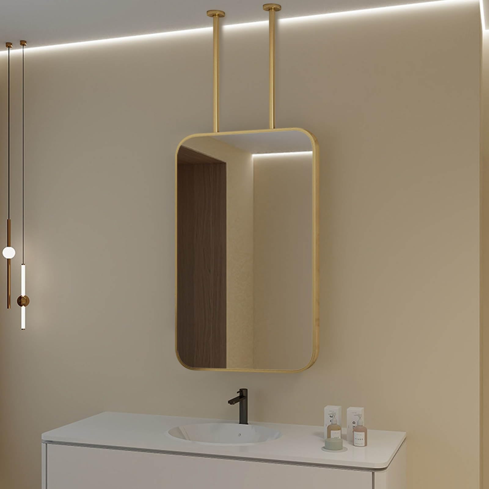 SXFSDOU Gold Ceiling Hanging Floating Bathroom Mirror, Vanity Make-up Shaving Mirrors, Entryway Bedroom Metal Framed Mirrors(50cmx60cm)