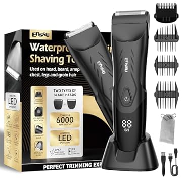 ENSSU - Aparador Elétrico para Homens, com Lâmina de Cerâmica, À Prova d'Água, Recarregável (Lítio), Preto, para Barba, Peito, Virilha e Púbicos (NEW Preto)