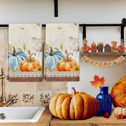 Image of Fall Kitchen Towels Harvest Pumpkin Thanksgiving Hand Towels Leaves Sunflower Dish Towel Cleaning Cloth Soft Absorbent Quick Drying Dish Cloths for Kitchen, Bathroom Autumn Decoration