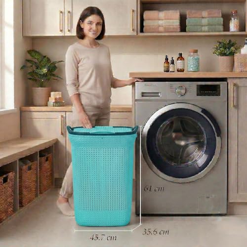 Image of Plastic Laundry Basket with Lid | 60L Extra Large Knit Hamper | Strong & Durable | Ideal for Bathroom, Bedroom & Kids Room | Multipurpose Cloth Storage Organiser | 36 x 46 x 61 cm | Marina Blue