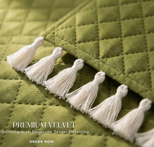 Image of VAS COLLECTIONS 3 Seater Quilted Velvet Sofa Cover with Tassels | Soft Washable Sofa Protector for Living Room | Elegant Furniture Cover for Home Decor (Green)