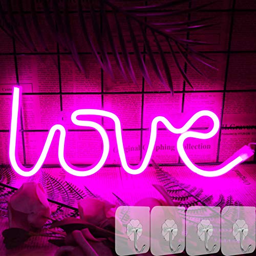 YIVIYAR LOVE Neon Sign LED Neon Lights with 4 Hooks, Pink LOVE Neon Light Sign for Wall Decor Battery/USB Operated LED Sign for Bedroom Neon Night Light Pink Decor for Living Room,Wedding,Party(LOVE)