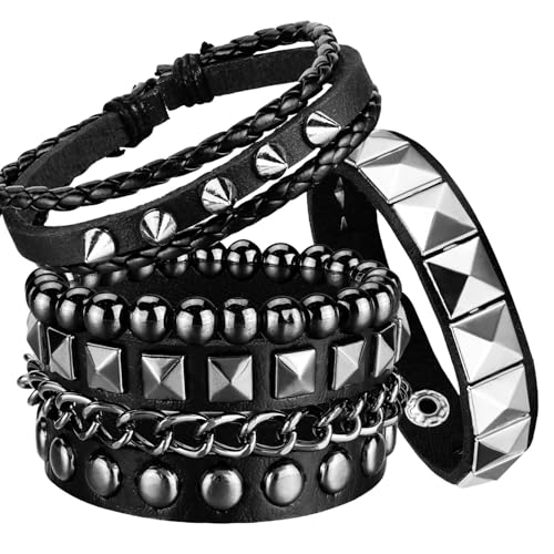 4 Pcs Punk Rock Leather Studded Bracelets for Men Women 80s Gothic Spike Cuff Bracelet Set Emo Accessories for Rocker Outfits