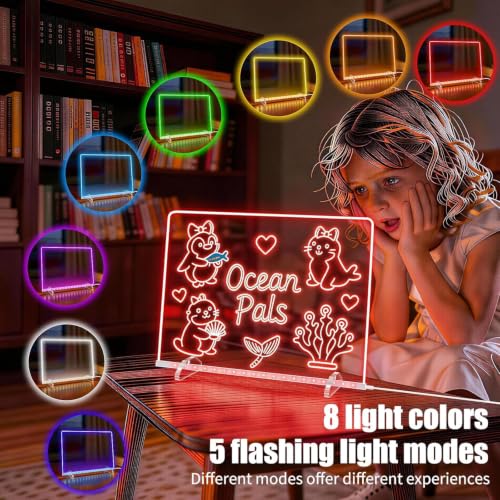 LED Note Board with 8 Colors 6 Modes -13.7"X10" Acrylic Dry Erase Board, Led Drawing Board Includes Adapter, 14 Markers, Tracing Paper, Sketching Gifts for Kids/Girls/Teens - image 3