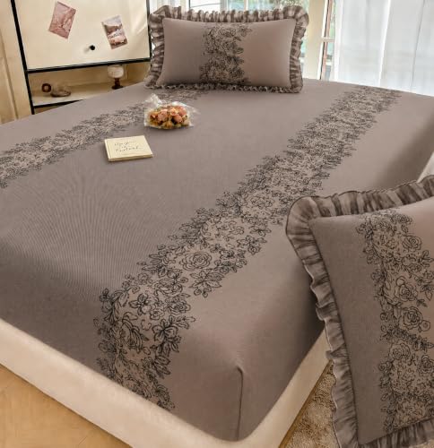 Image of Elastic Fitted King Size Bedsheet Cotton for Double Bed | 72 inchx78 inch +10 Inch, Floral, Soft & Breathable, Fade & Shrink Resistant, 2 Pillow Covers (Warm Taupe)