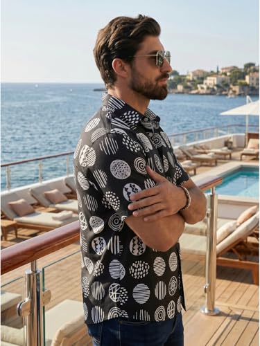 Image of BROWN CULTURE Men's Cotton Blend Abstract Print Shirt with Spread Collared Half Sleeves Standard Length and Button Down Closure Type | Shirt for Man