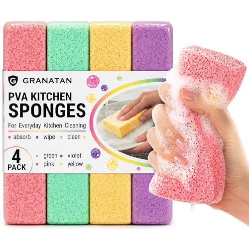 Image of PVA Household Cleaning Sponges, Cleaning Water Absorbent Sponge for Glass, Countertops, Bathroom, Kitchen, Walls, Baseboards, Car, Non Abrasive Long Use Multipurpose Sponge, 4 Pack, 4 Colors
