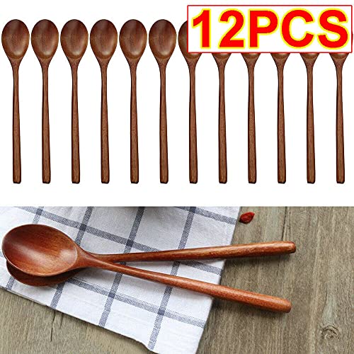 Image of TEAMWILL Wooden Spoons, 12 Pieces 9 Inch Wood Soup Spoons for Eating Mixing Stirring, Long Handle Spoon with Japanese Style Kitchen Utensil