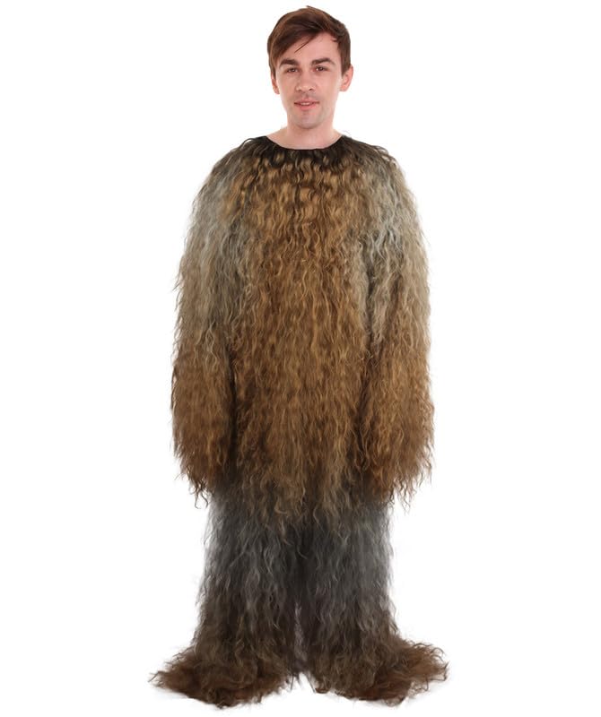 HPO Adult Unisex Long Hairy Warrior Ape Costume - Military Leader Fighter Vest & Pant | Halloween Yeti Gorilla Outfit, Grey & Brown - Medium