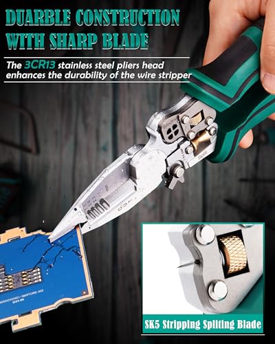Image of upgraded 8 in 1 Wire Strippers with Voltage Tester, Wire Stripping Tool, Cable Cutters with Plier, Crimper, Splitting, Wire Stripper Tool for 10-18 AWG for Electrician Work Green