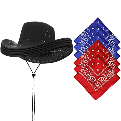 6 Pieces Western Cowboy Hat Black Cowboy Costume Hat with 6 Pieces Red and Blue Bandanna Dress Party Western Hats Cowboy Costume Accessories for Boys and Girls Fancy Dress Party Supplies